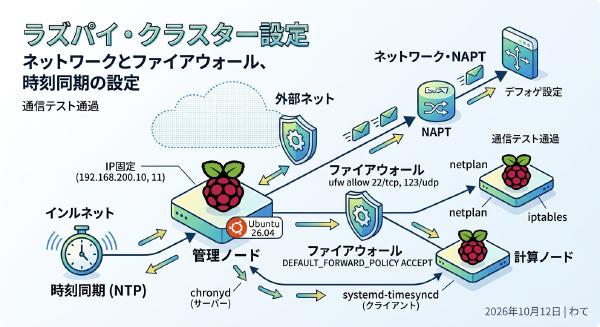 ラズパイクラスター | ネットワークとファイアウォール、時刻同期の設定